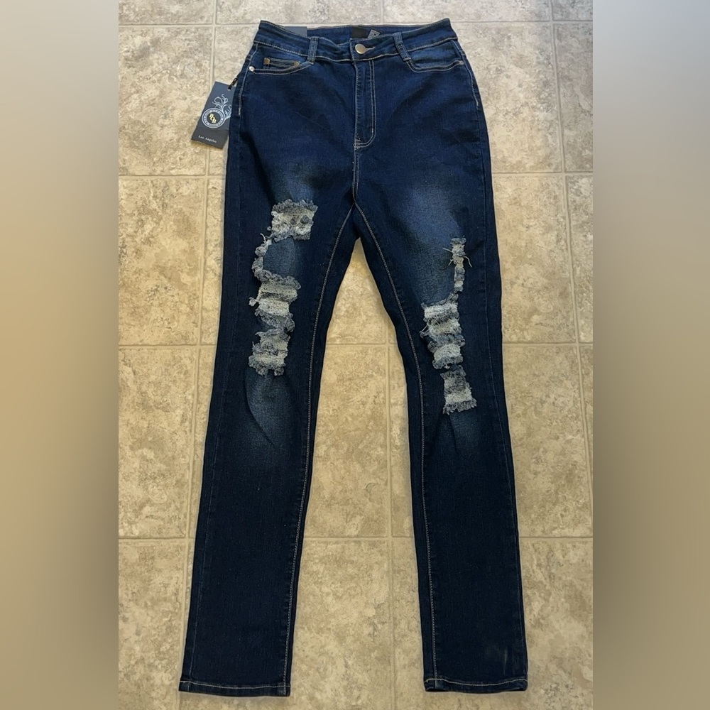 Fashion Nova Women Dark Denim Distressed High Waist skinny jeans Size 13/14